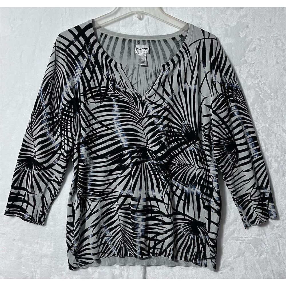 Chico's Women's Black Floral V-Neck 3/4 Sleeve Tee Size L 16